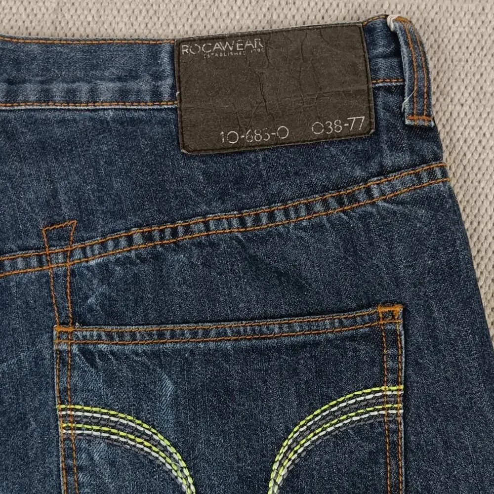 Rocawear Vintage Jeans Mens 38X32 Dark Wash Wide‎ Leg Embroidered Logo Street